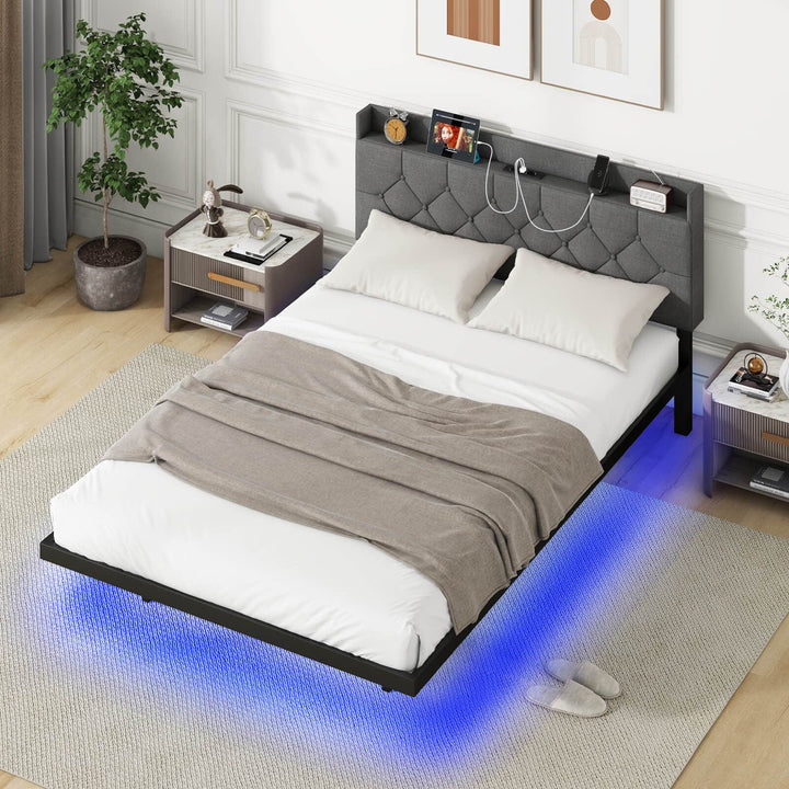 Double/King Size Floating Bed Frame with Adjustable Headboard and Charging Station Grey - TidySpaces