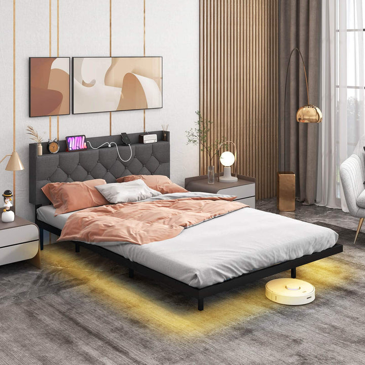 Double/King Size Floating Bed Frame with Adjustable Headboard and Charging Station Grey - TidySpaces