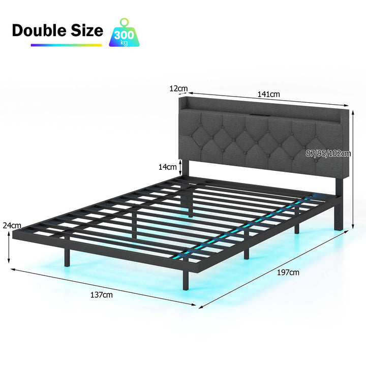 Double/King Size Floating Bed Frame with Adjustable Headboard and Charging Station Grey - TidySpaces