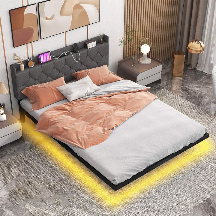 Double/King Size Floating Bed Frame with Adjustable Headboard and Charging Station Grey - TidySpaces