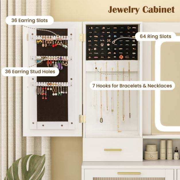 Dressing Table and Chair Set with 3 Lighting Modes and Adjustable Brightness-White