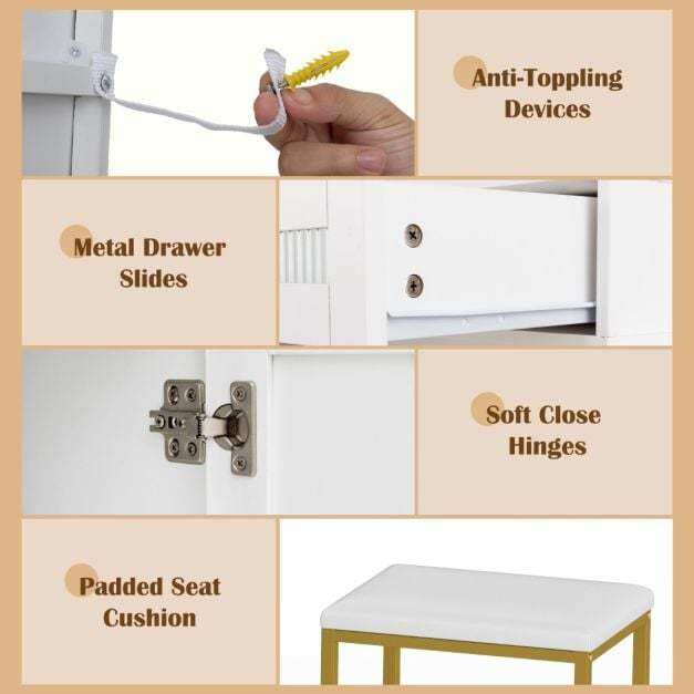 Dressing Table and Chair Set with 3 Lighting Modes and Adjustable Brightness-White