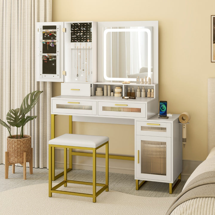 Dressing Table and Chair Set with 3 Lighting Modes and Adjustable Brightness-White - TidySpaces