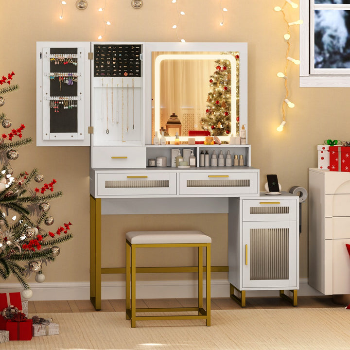 Dressing Table and Chair Set with 3 Lighting Modes and Adjustable Brightness-White - TidySpaces