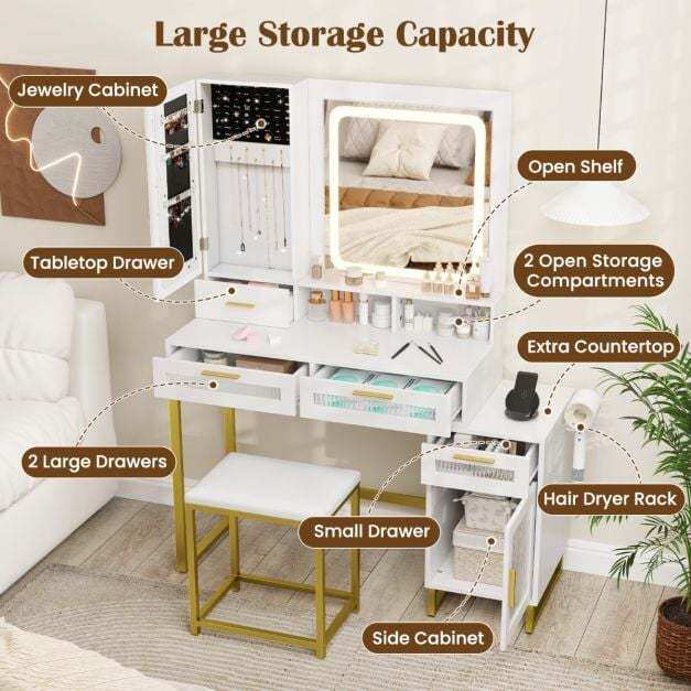 Dressing Table and Chair Set with 3 Lighting Modes and Adjustable Brightness-White