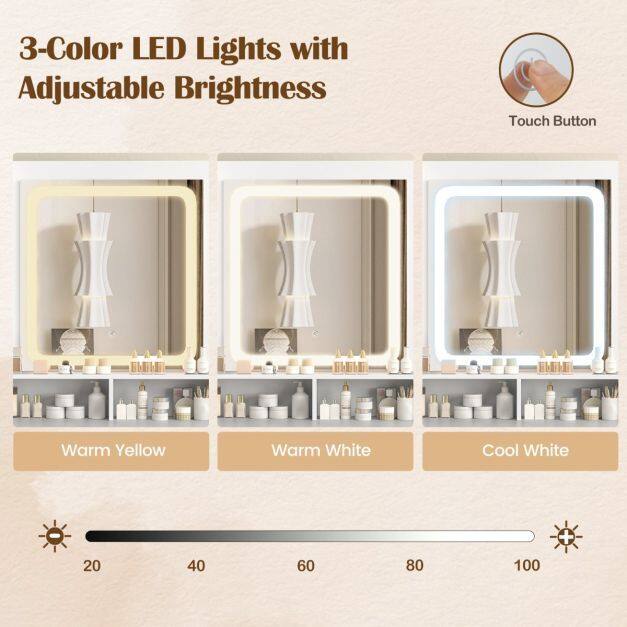 Dressing Table and Chair Set with 3 Lighting Modes and Adjustable Brightness-White