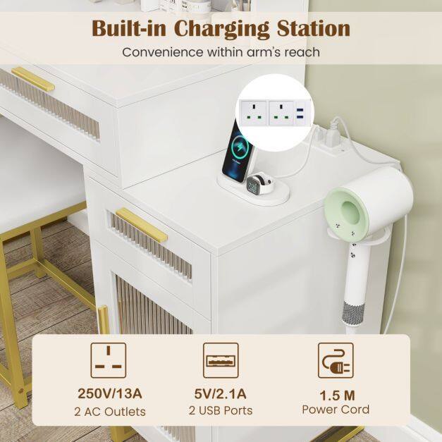 Dressing Table and Chair Set with 3 Lighting Modes and Adjustable Brightness-White
