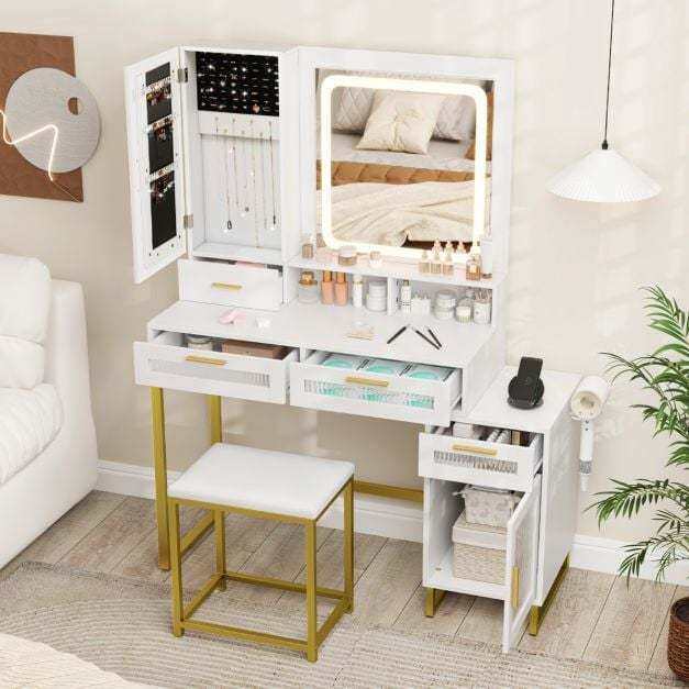 Dressing Table and Chair Set with 3 Lighting Modes and Adjustable Brightness-White