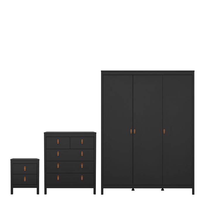Barcelona 3 Piece Bundle, Bedside, Chest and 3 Door Wardrobe Matt Black - TidySpaces