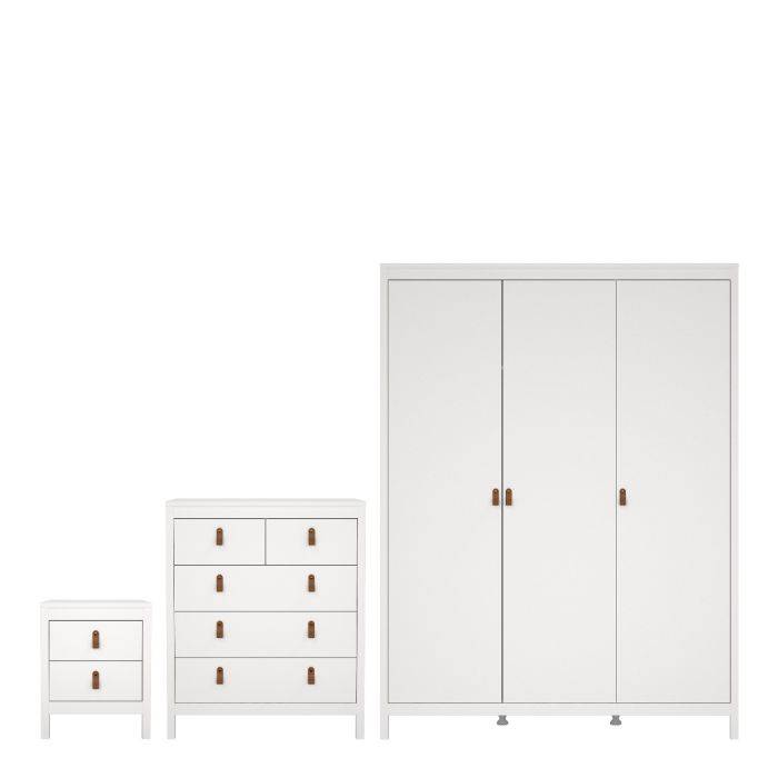 Barcelona 3 Piece Bundle, Bedside, Chest and 3 Door Wardrobe White - TidySpaces