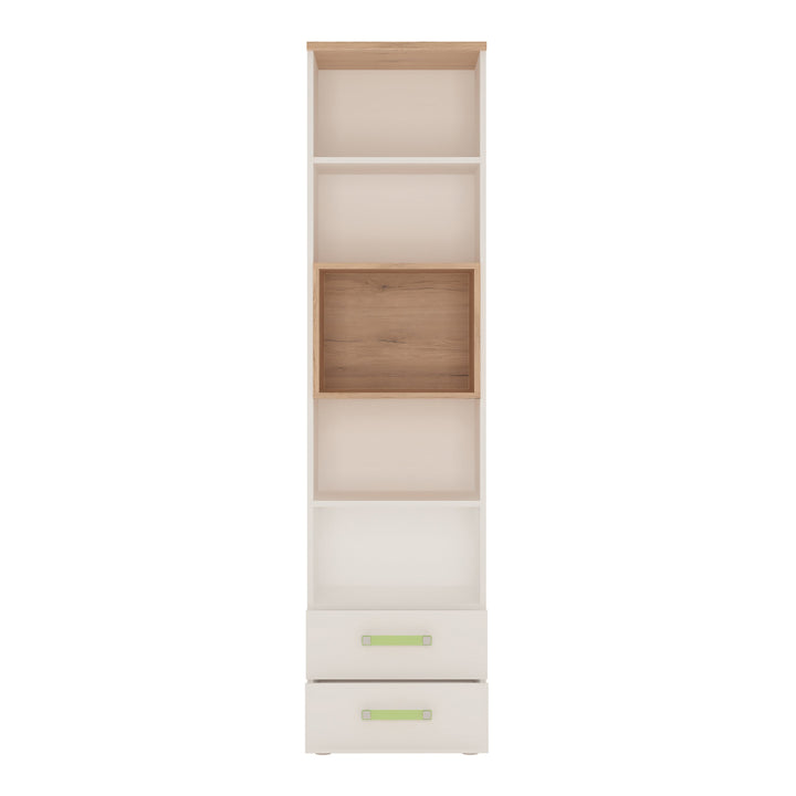 4Kids Tall 2 Drawer Bookcase in Light Oak and white High Gloss (lemon handles) - TidySpaces