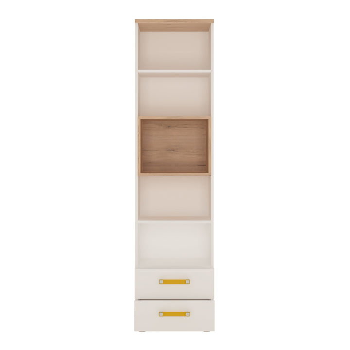 4Kids Tall 2 Drawer Bookcase in Light Oak and white High Gloss (orange handles) - TidySpaces