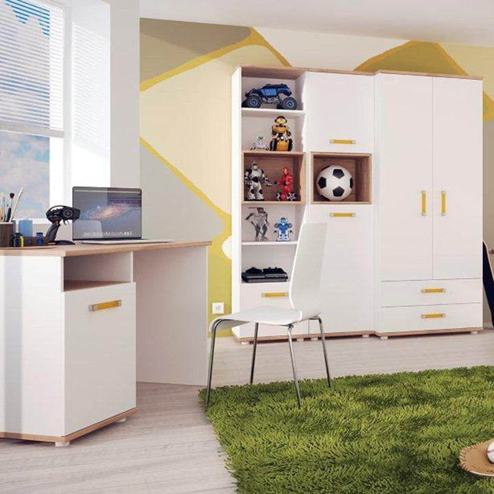 4Kids Tall 2 Drawer Bookcase in Light Oak and white High Gloss (orange handles) - TidySpaces