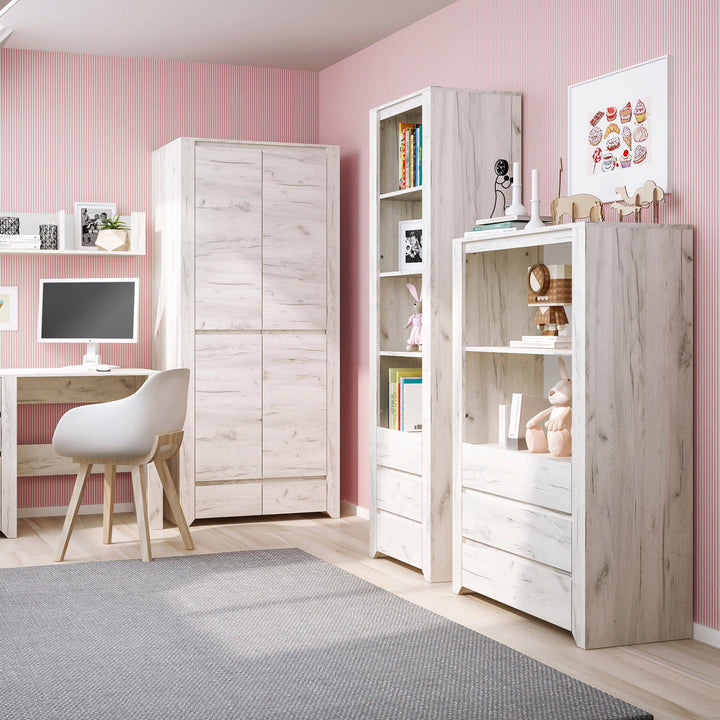 Angel Tall Narrow 3 Drawer Bookcase in White Craft Oak - TidySpaces