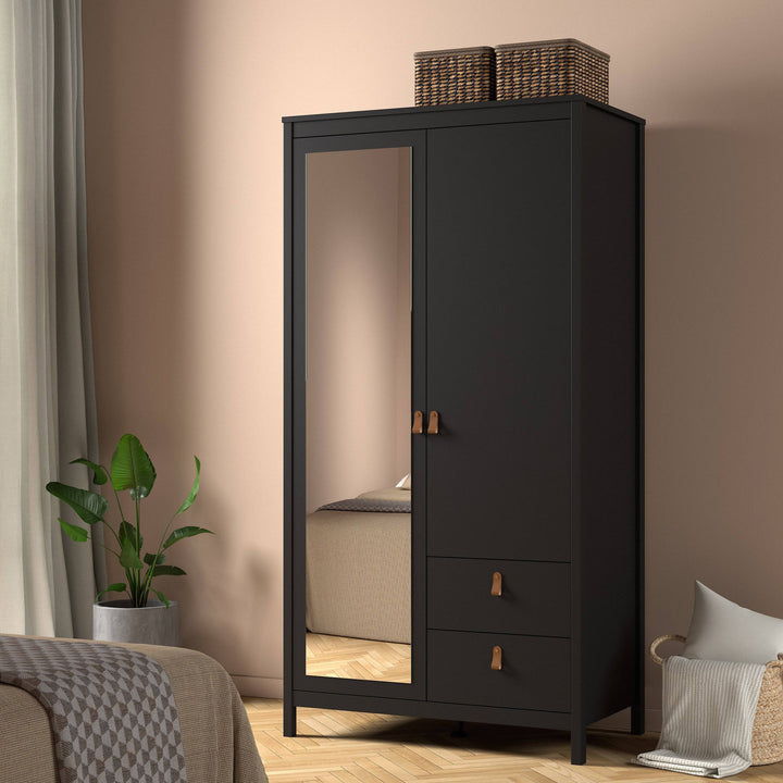 Barcelona Wardrobe with 1 door + 1 mirror door + 2 drawers Matt Black - TidySpaces