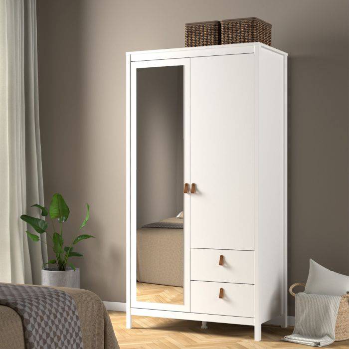 Barcelona Wardrobe with 1 door + 1 mirror door + 2 drawers White - TidySpaces