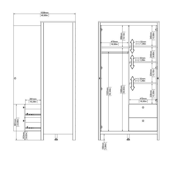Barcelona Wardrobe with 1 door + 1 mirror door + 2 drawers White - TidySpaces
