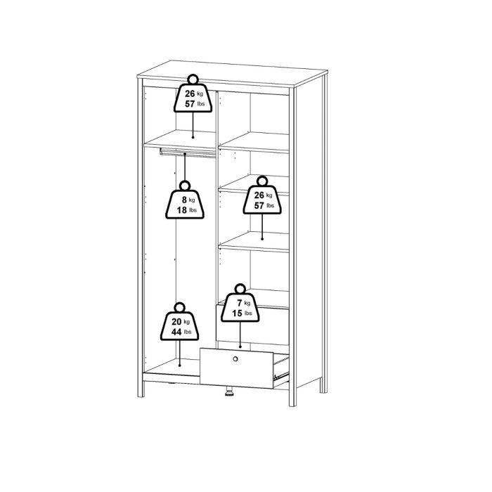 Barcelona Wardrobe with 1 door + 1 mirror door + 2 drawers White - TidySpaces