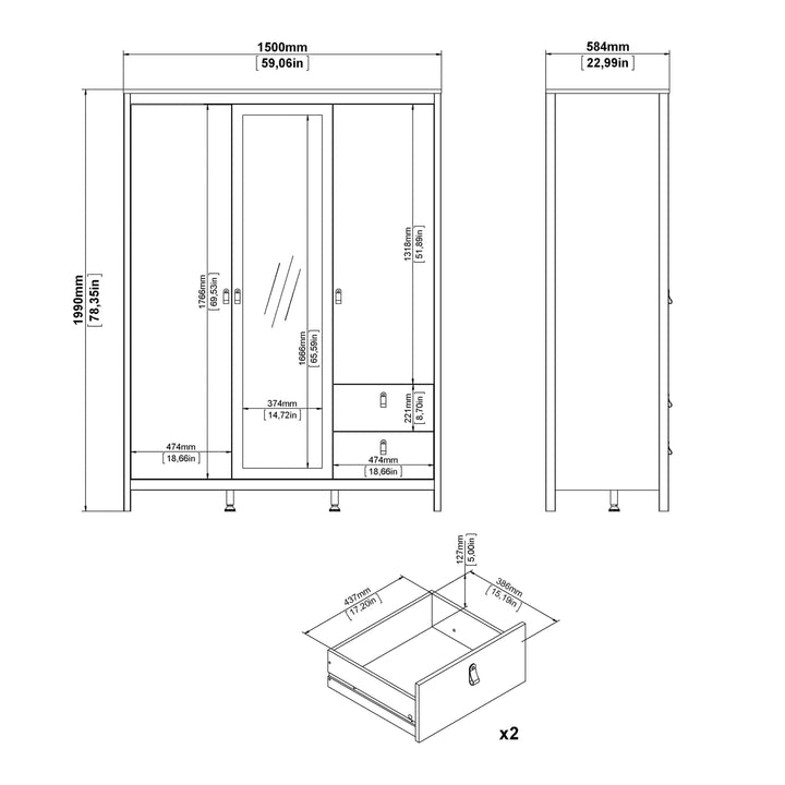 Barcelona Wardrobe with 2 doors + 1 mirror door + 2 drawers Matt Black - TidySpaces