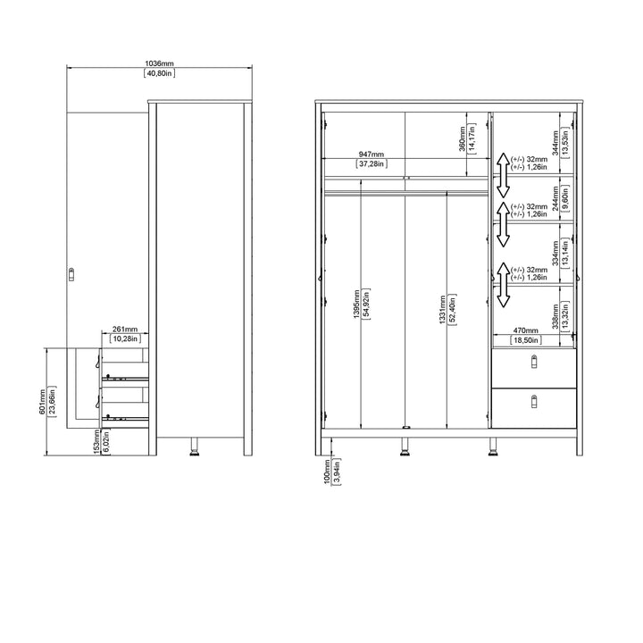 Barcelona Wardrobe with 2 doors + 1 mirror door + 2 drawers Matt Black - TidySpaces