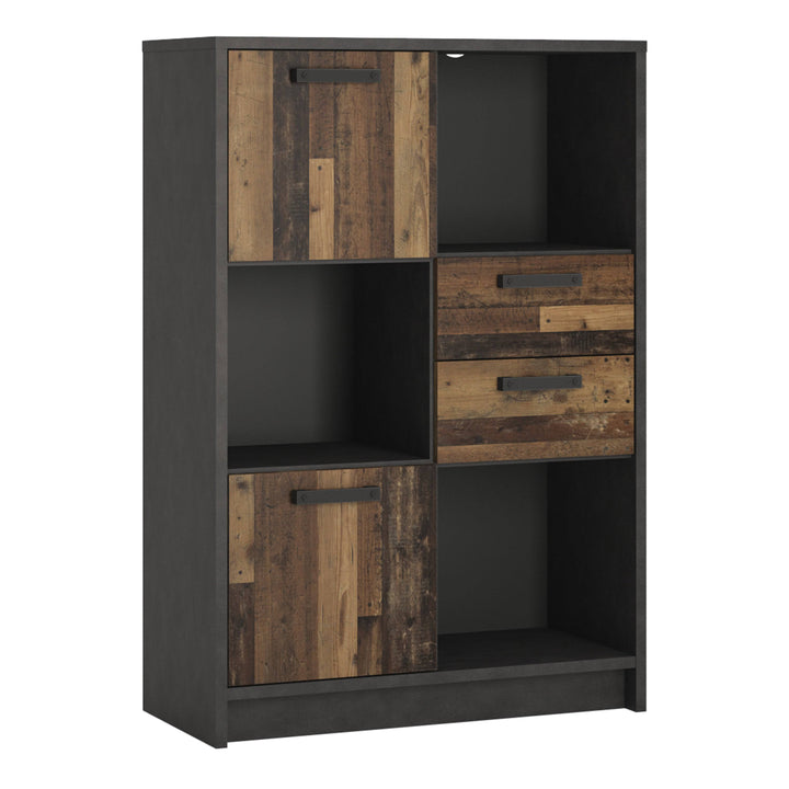 Brooklyn Low Bookcase with 2 Doors and 2 Drawers in Walnut and Dark Matera Grey - TidySpaces