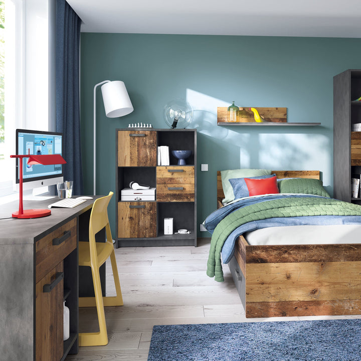 Brooklyn Low Bookcase with 2 Doors and 2 Drawers in Walnut and Dark Matera Grey - TidySpaces