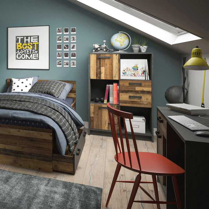 Brooklyn Low Bookcase with 2 Doors and 2 Drawers in Walnut and Dark Matera Grey - TidySpaces