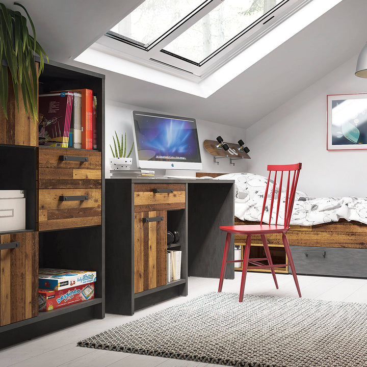 Brooklyn Low Bookcase with 2 Doors and 2 Drawers in Walnut and Dark Matera Grey - TidySpaces