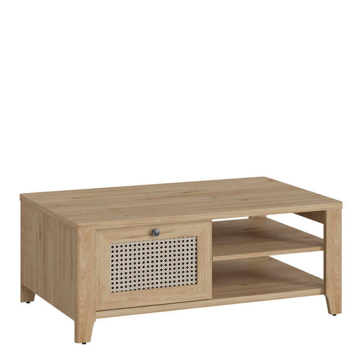 Cestino Coffee Table with 1 Drawer in Jackson Hickory Oak and Rattan Effect - TidySpaces