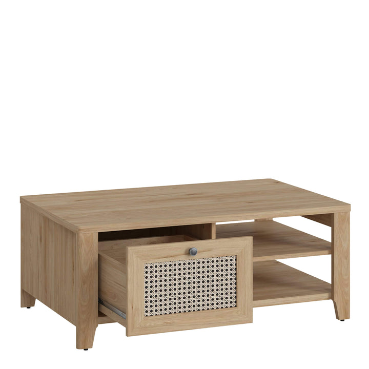 Cestino Coffee Table with 1 Drawer in Jackson Hickory Oak and Rattan Effect - TidySpaces