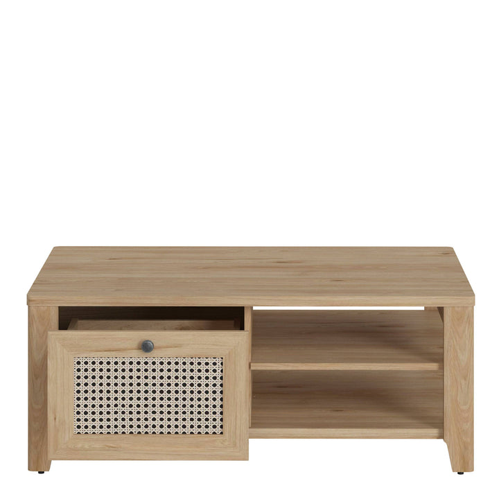 Cestino Coffee Table with 1 Drawer in Jackson Hickory Oak and Rattan Effect - TidySpaces