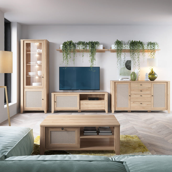 Cestino Coffee Table with 1 Drawer in Jackson Hickory Oak and Rattan Effect - TidySpaces