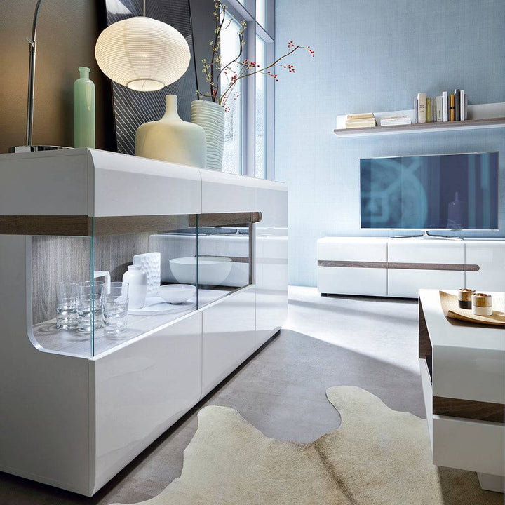 Chelsea 3 Door Glazed Sideboard in White with Oak Trim - TidySpaces