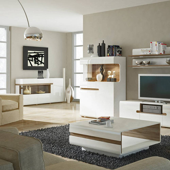 Chelsea 3 Door Glazed Sideboard in White with Oak Trim - TidySpaces
