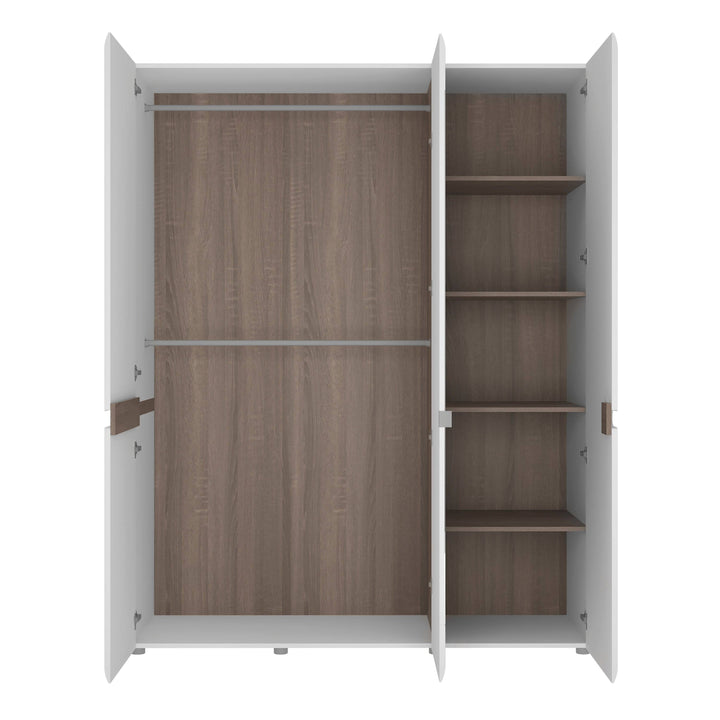 Chelsea 3 Door Wardrobe with mirror and Internal shelving in White with Oak Trim - TidySpaces