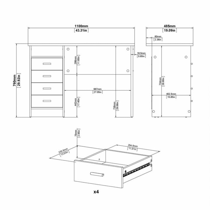 Function Plus 4 Drawer Desk in White - TidySpaces