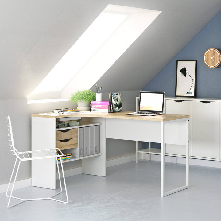 Function Plus Corner Desk 2 Drawers in White and Oak - TidySpaces