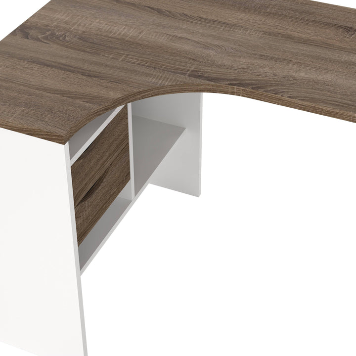 Function Plus Corner Desk 2 Drawers in White and Truffle Oak - TidySpaces