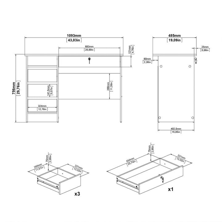 Function Plus Desk (3+1) handle free Drawer in Jackson Hickory Oak - TidySpaces