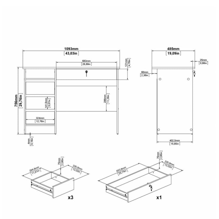 Function Plus Desk (3+1) handle free Drawer in White - TidySpaces