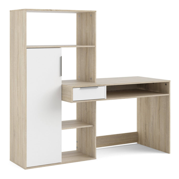 Function Plus Desk multi-functional Desk with Drawer and 1 Door in White and Oak - TidySpaces