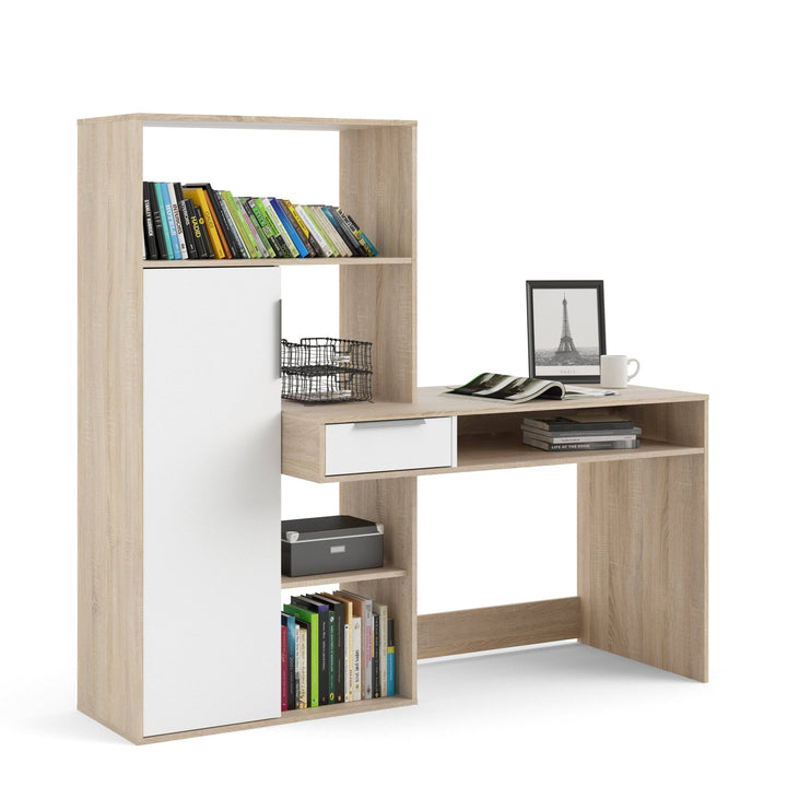 Function Plus Desk multi-functional Desk with Drawer and 1 Door in White and Oak - TidySpaces