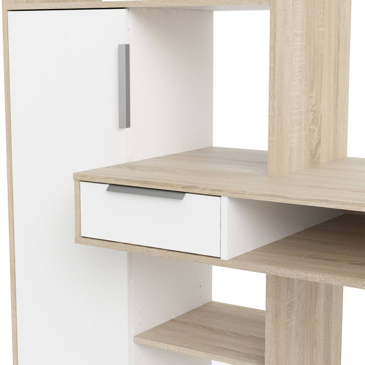 Function Plus Desk multi-functional Desk with Drawer and 1 Door in White and Oak - TidySpaces