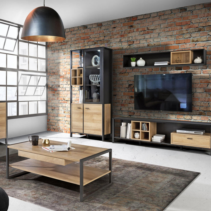 High Rock Display Cabinet in Matt Black/Riviera Oak - TidySpaces
