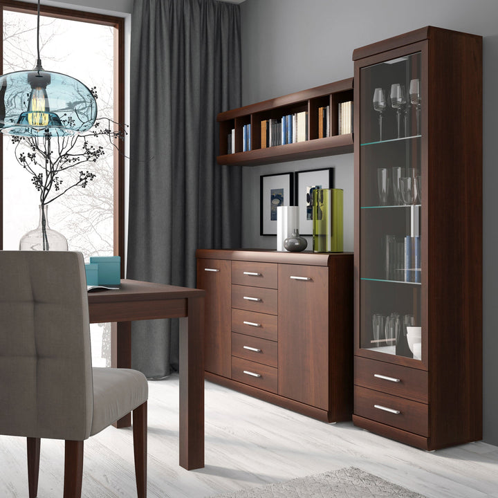Imperial Tall Glazed 1 Door 2 Drawer Narrow Cabinet in Dark Mahogany Melamine - TidySpaces