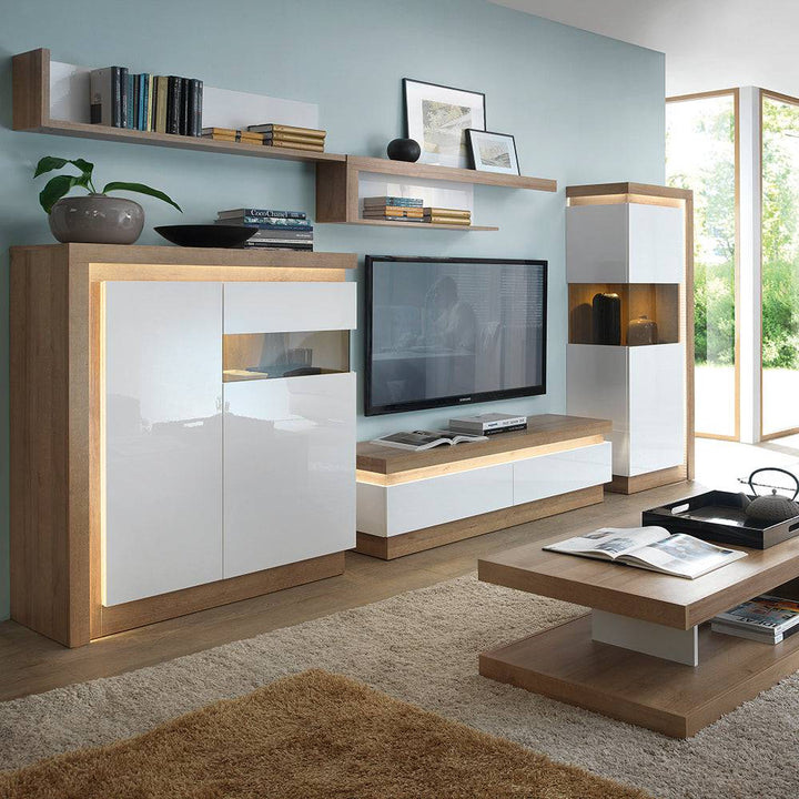 Lyon 2 drawer TV cabinet in Riviera Oak/White High Gloss - TidySpaces