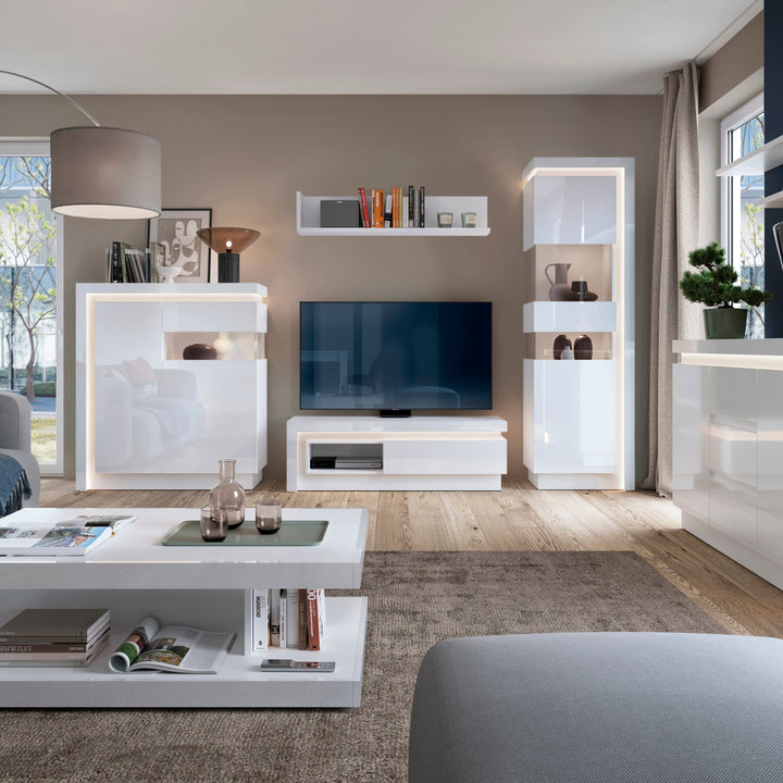 Lyon Tall Narrow display cabinet (LHD) (including LED lighting) in White and High Gloss - TidySpaces