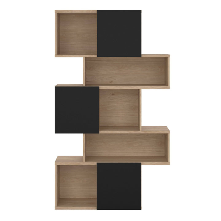 Maze Asymmetrical Bookcase with 3 Doors in Jackson Hickory and Black - TidySpaces
