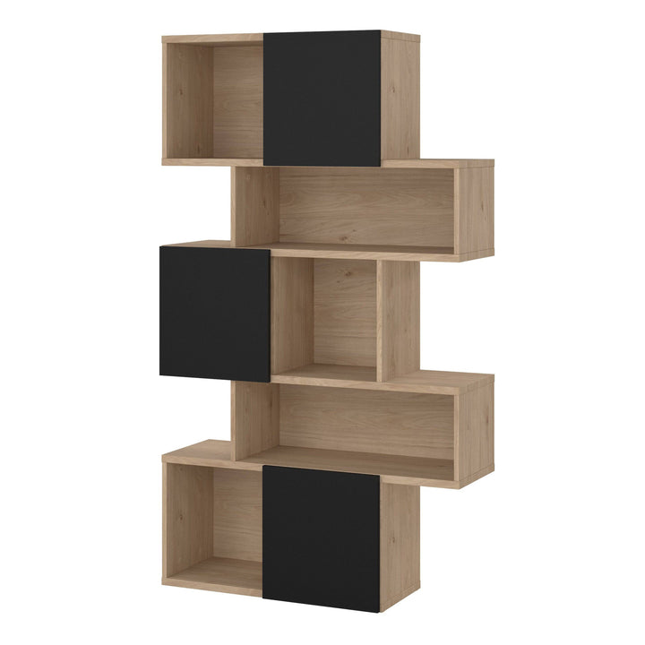 Maze Asymmetrical Bookcase with 3 Doors in Jackson Hickory and Black - TidySpaces