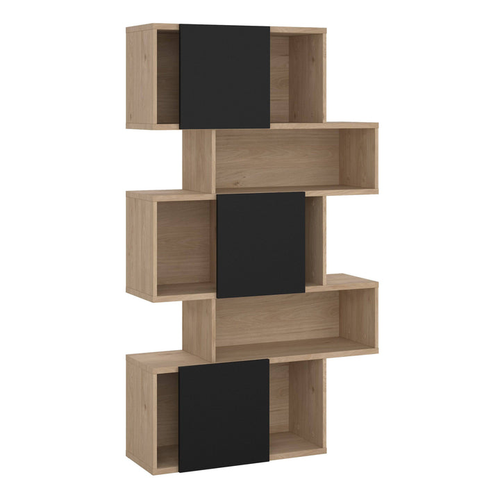 Maze Asymmetrical Bookcase with 3 Doors in Jackson Hickory and Black - TidySpaces